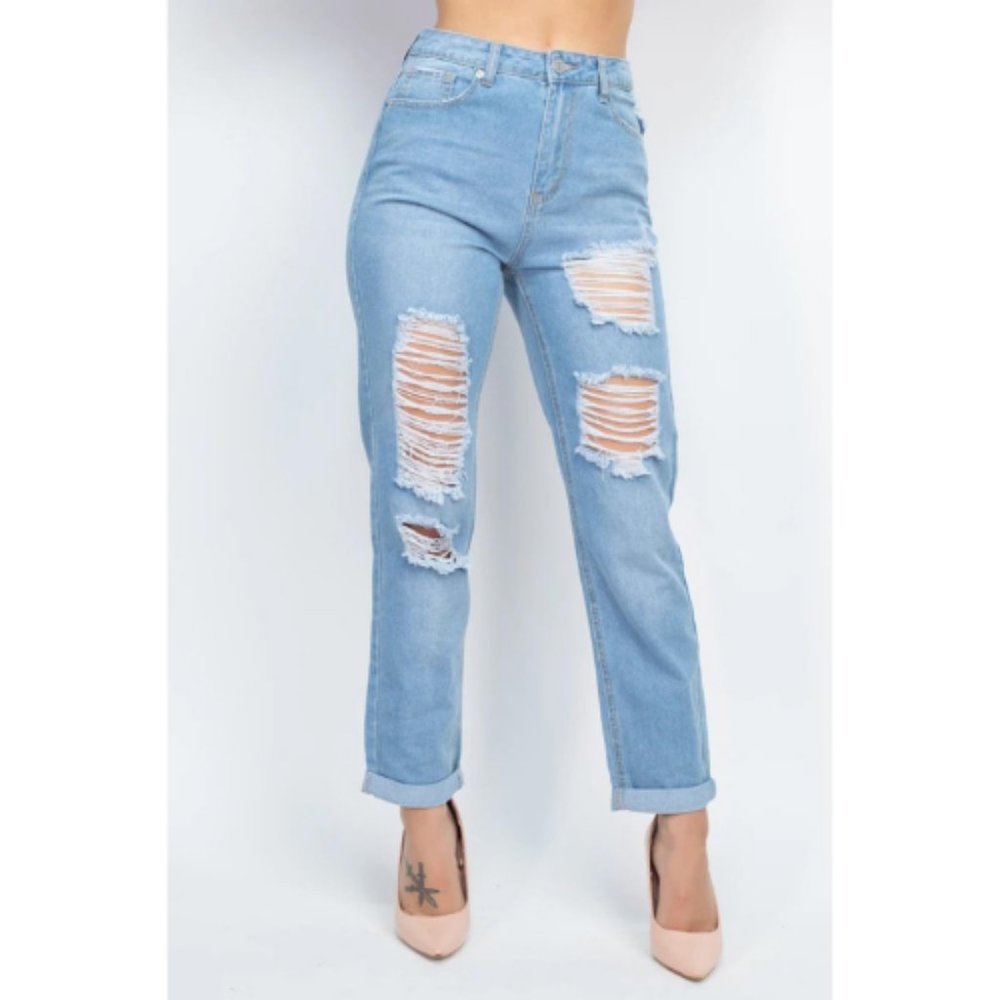 Women’s Blue Distressed Boyfriend Jeans